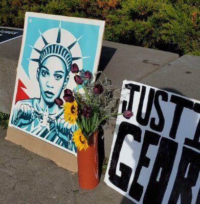 A temporary George Floyd Memorial in Harbor Park, a year from the day he died on May 25, 2020. Photo by Rhonda Silence