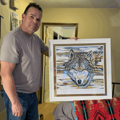 Donovan with Wolf (Ma'ingan) print Donovan with Wolf (Ma'ingan) print