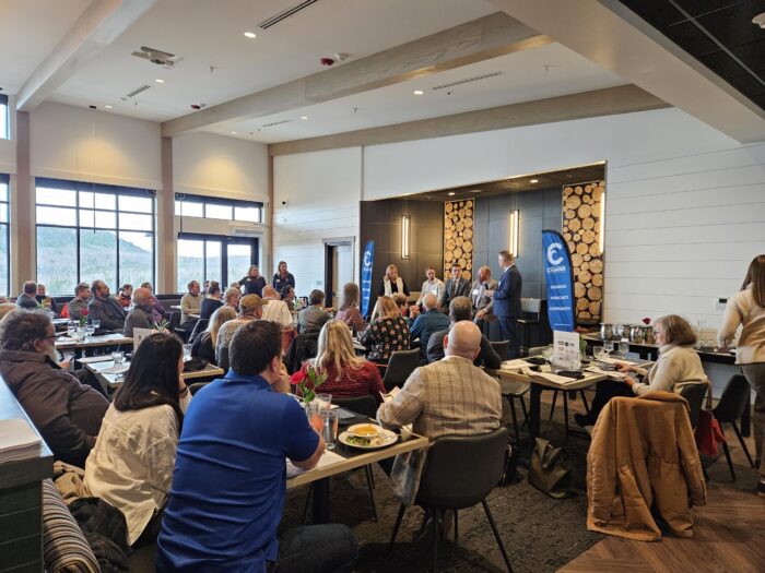 Local officials and business leaders discuss regional priorities with Hauschild, Skraba, and IRRR representative