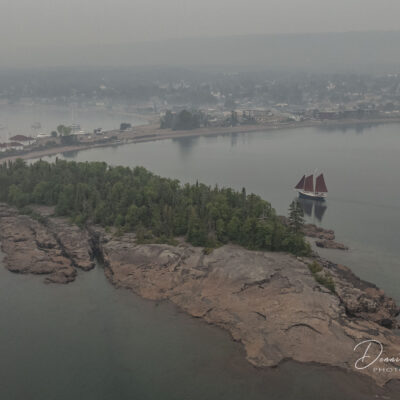 Smokey skies over Artist's Point and the Grand Marais harbor